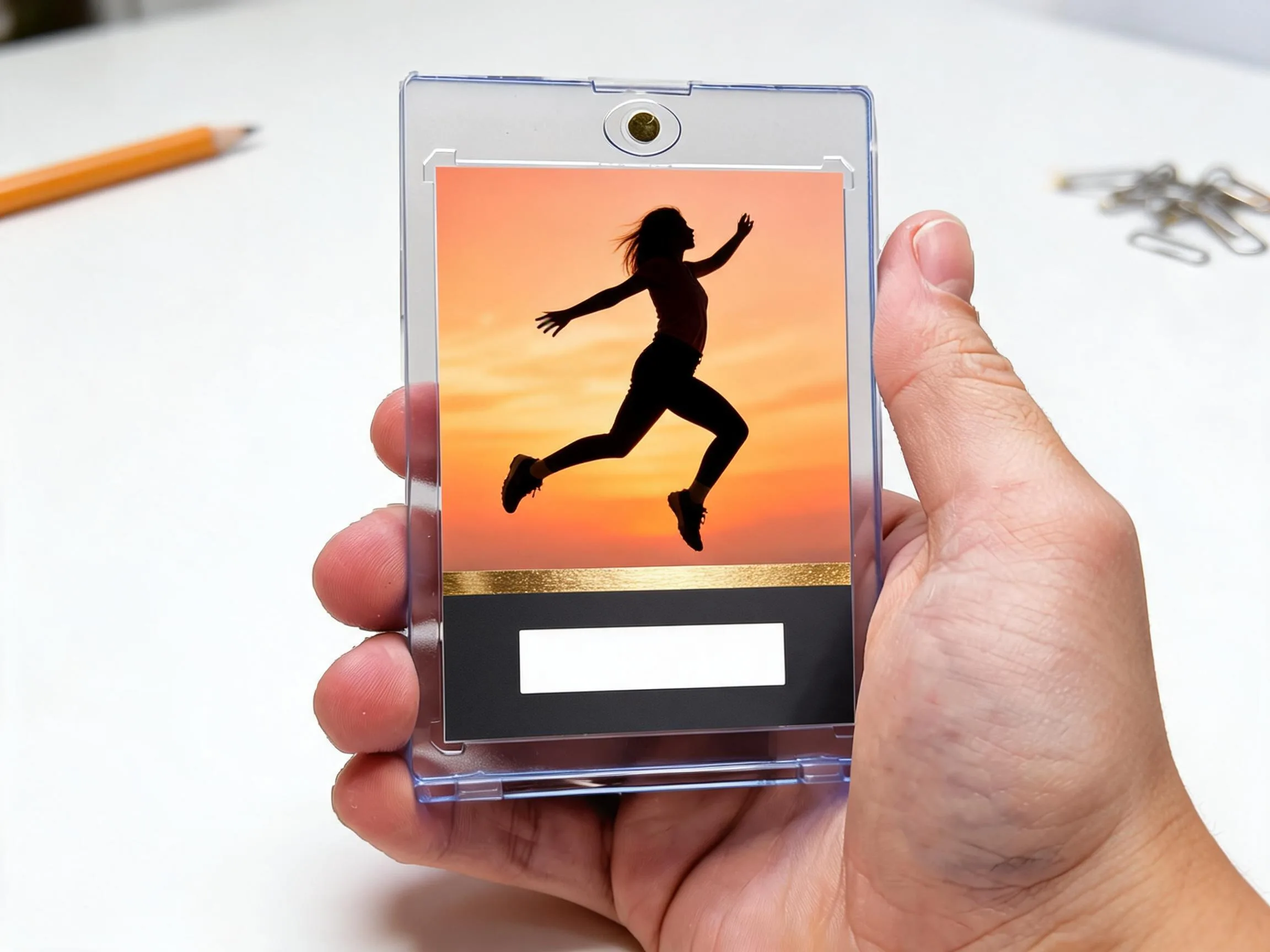 Custom keepsake trading card in a magnetic case showing a blank action-photo layout.