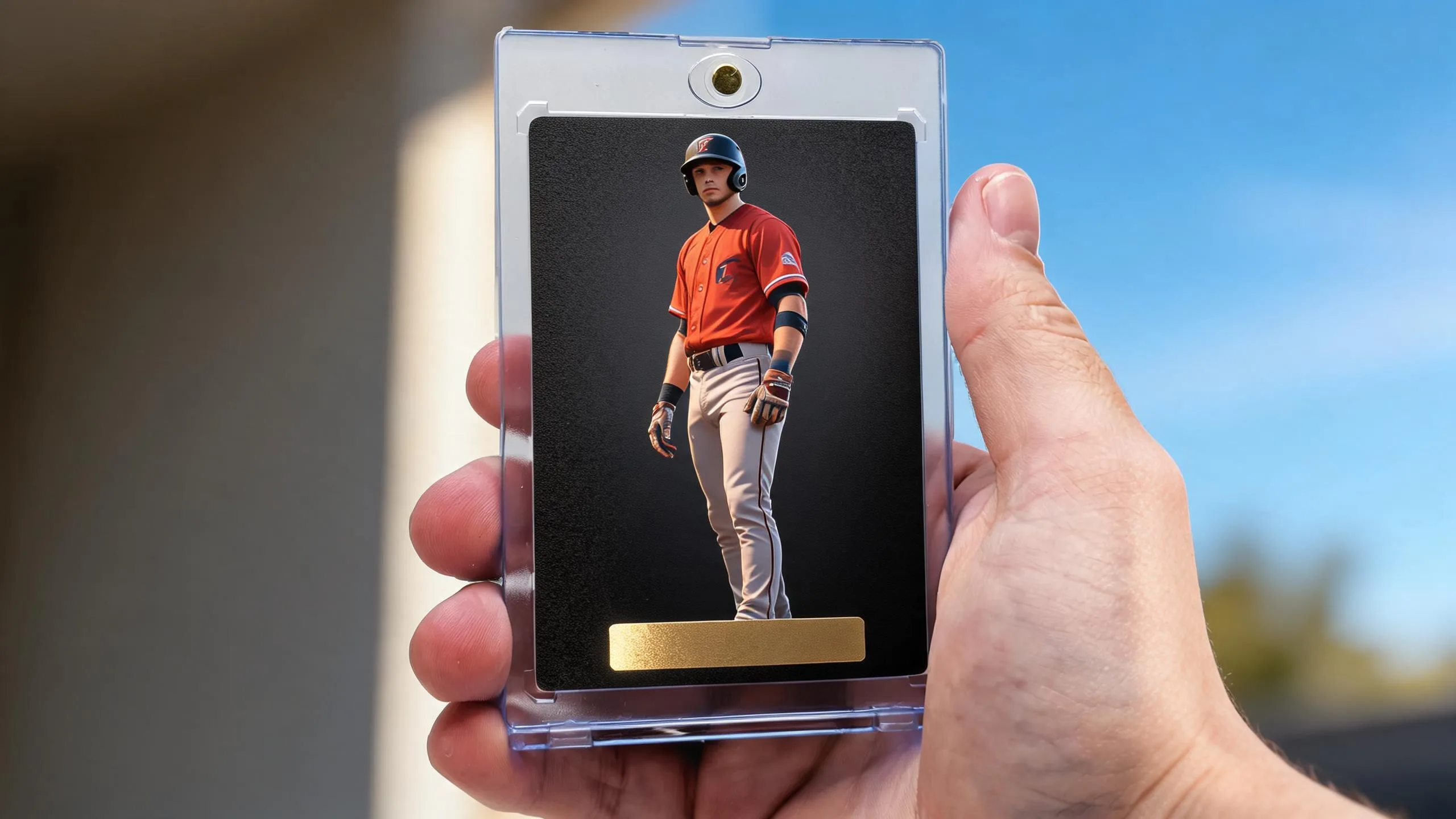 Hand holds magnetic case with premium gold-foil trading card, top card shops des moines iowa keepsake.