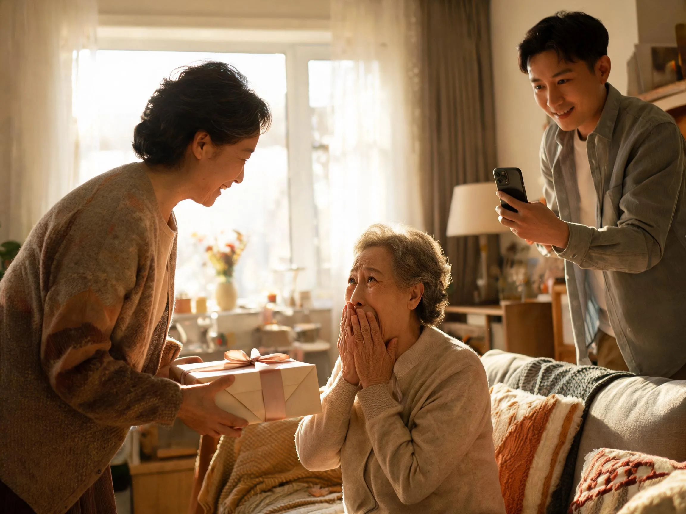 Family member reacts with joyful surprise while receiving an unexpected wrapped gift indoors.