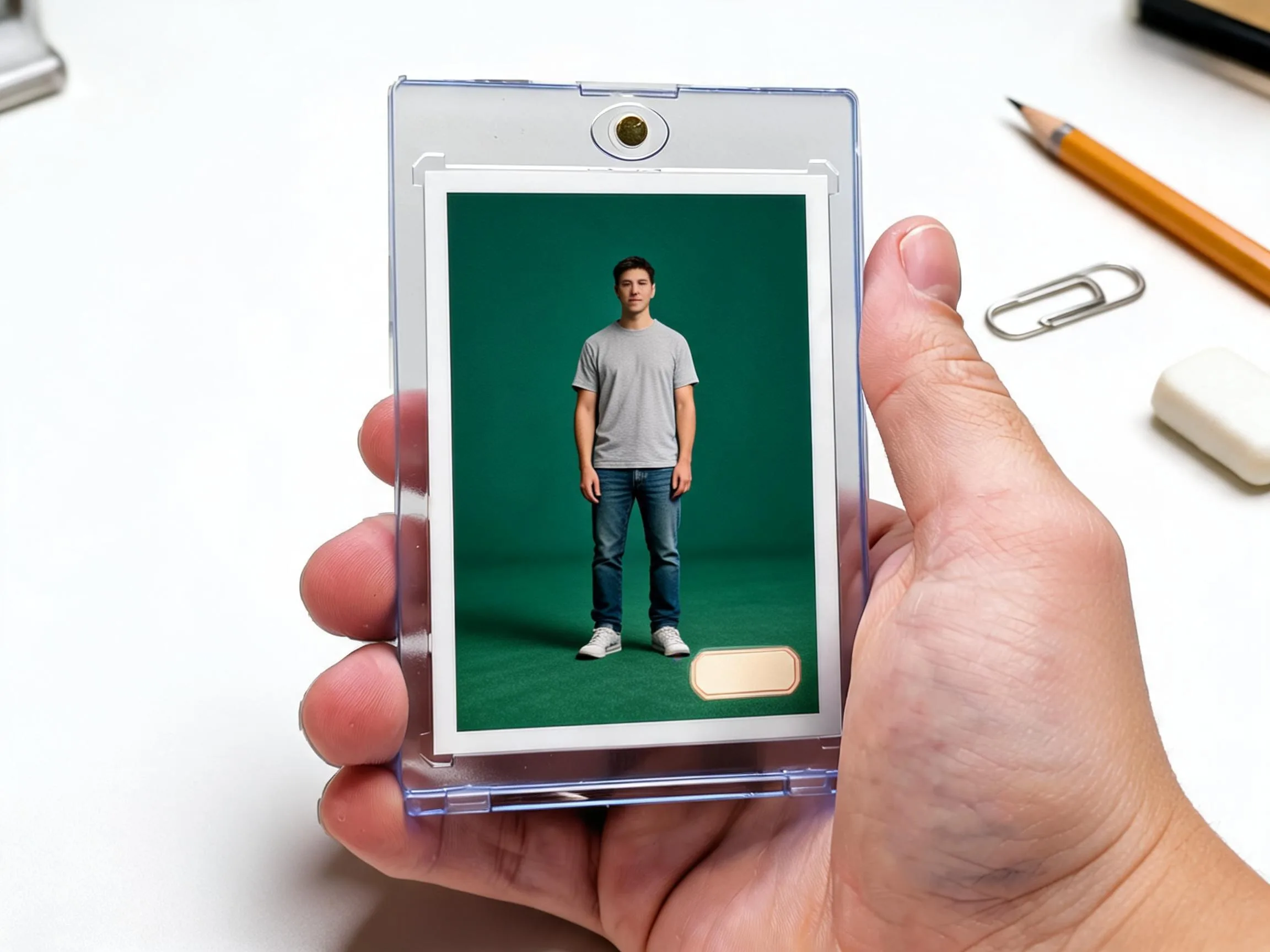 Custom keepsake trading card in clear magnetic case on white tabletop display.