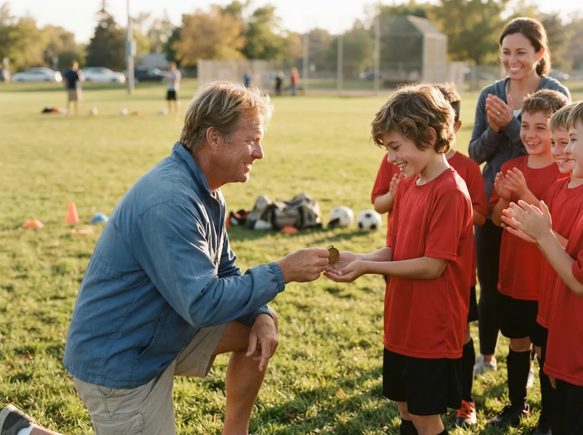 Coach and beaming young athlete share a proud moment on a sunny sports field.