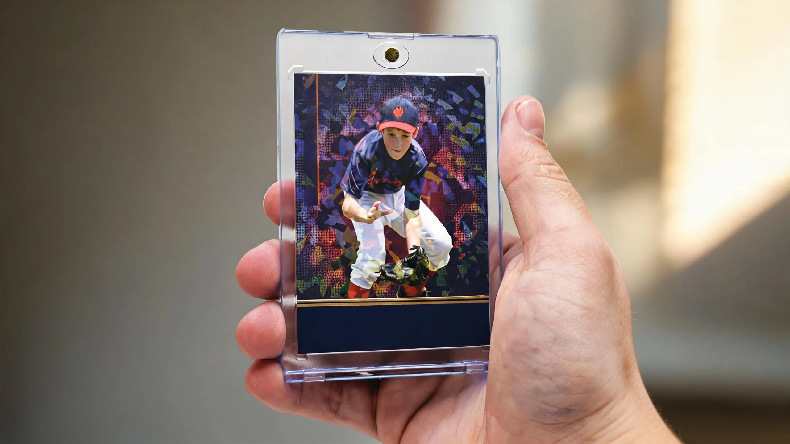 Hand holding magnetic case with athlete card, spotlighting card shops in Des Moines Iowa.