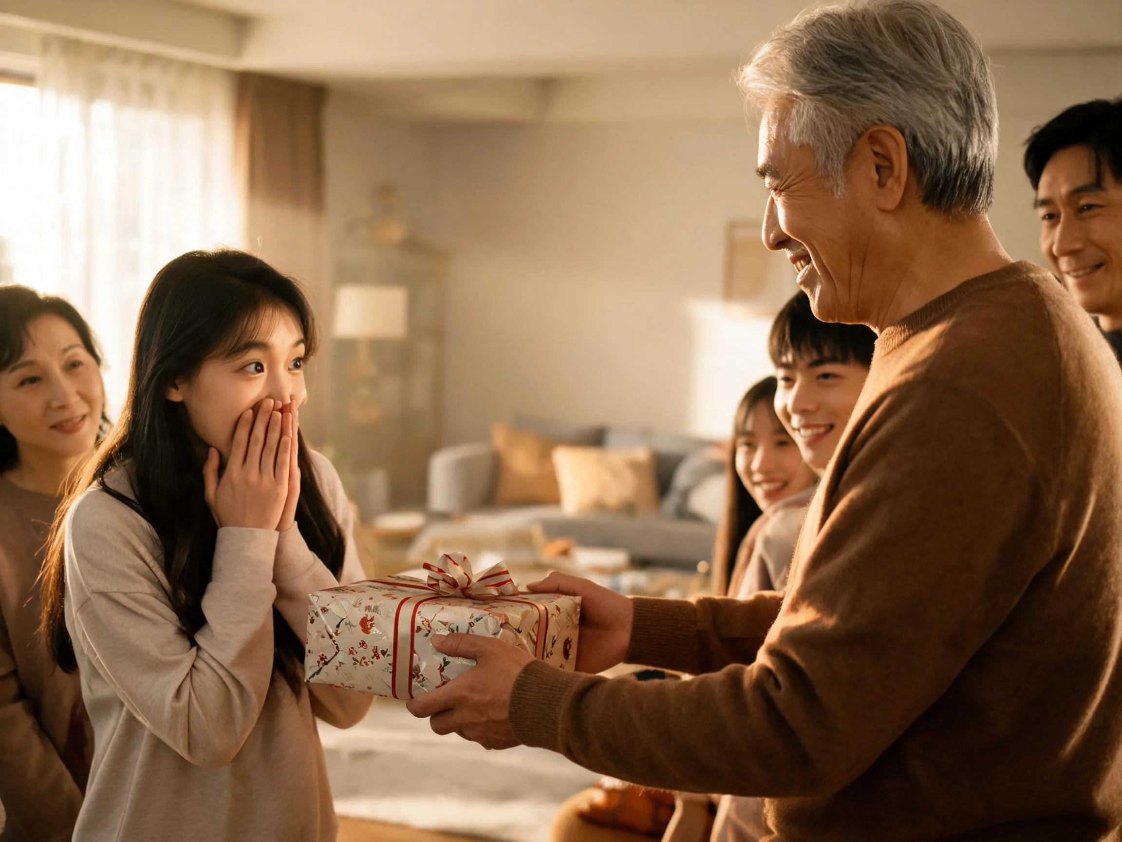 Teen girl reacting with joyful surprise while receiving an unexpected gift indoors.