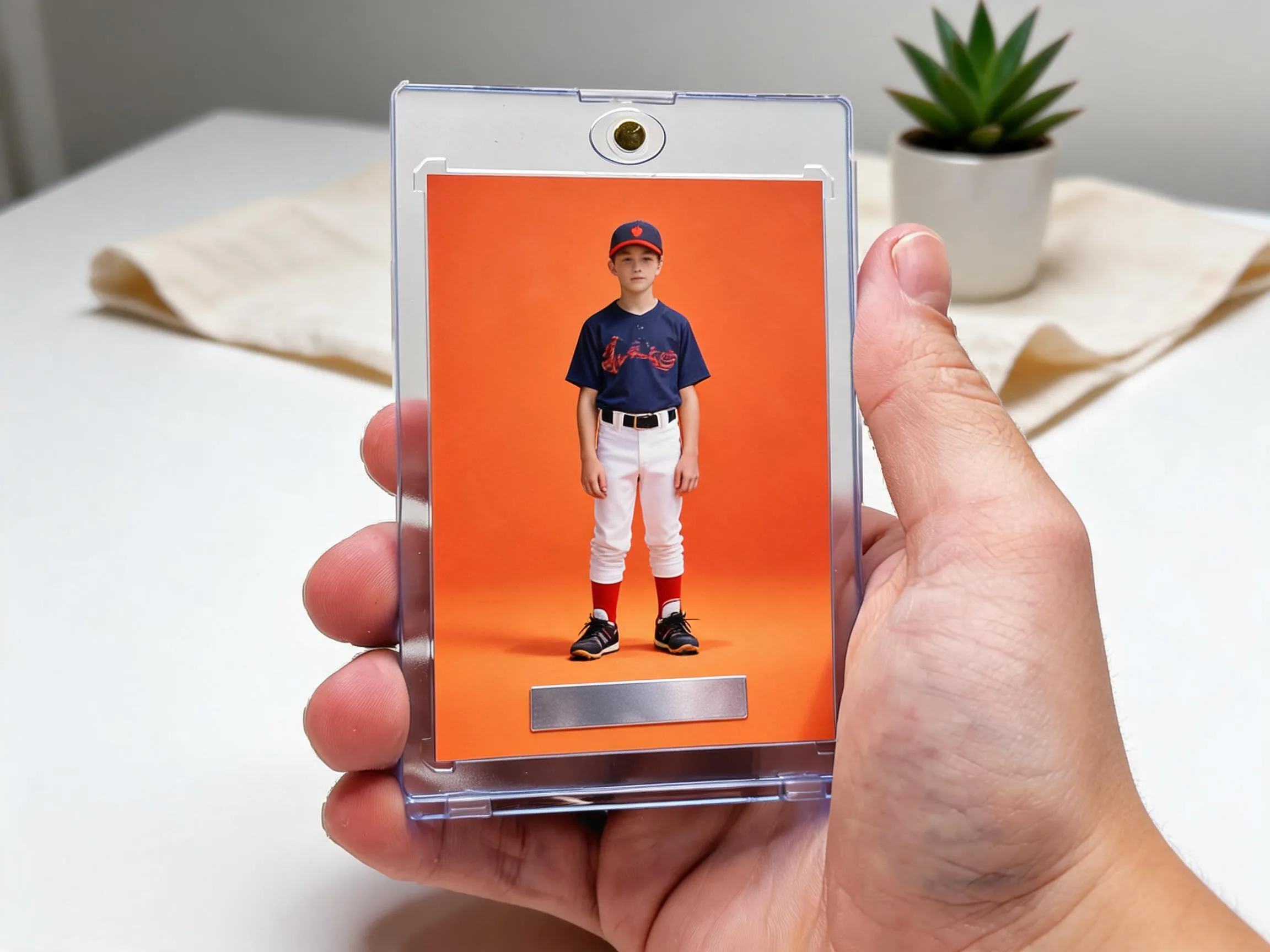 Custom keepsake trading card in magnetic case displayed on a white tabletop shelf.