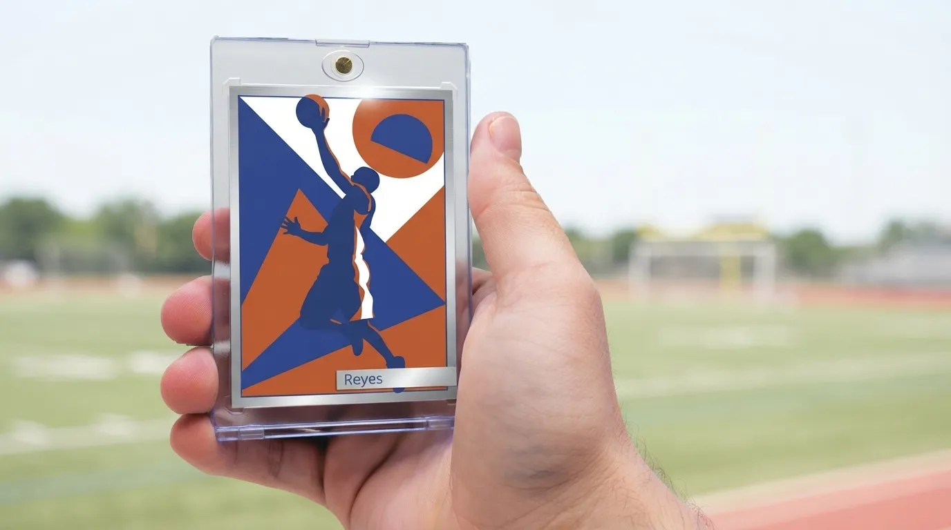 Hand holding magnetic case with duotone basketball card, illustrating card shops near me search