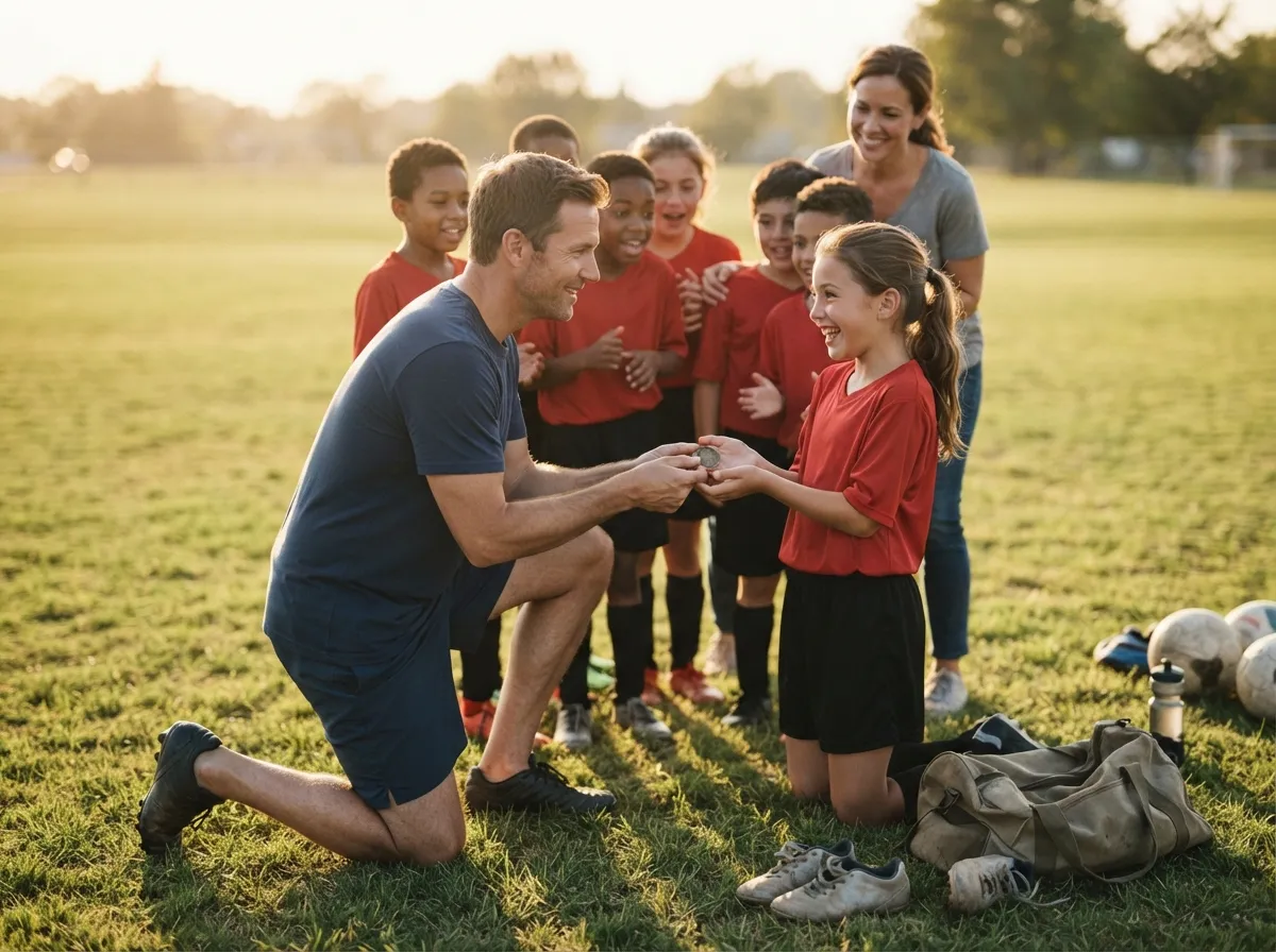 Coach and proud parent celebrate with young athlete during warm outdoor team moment