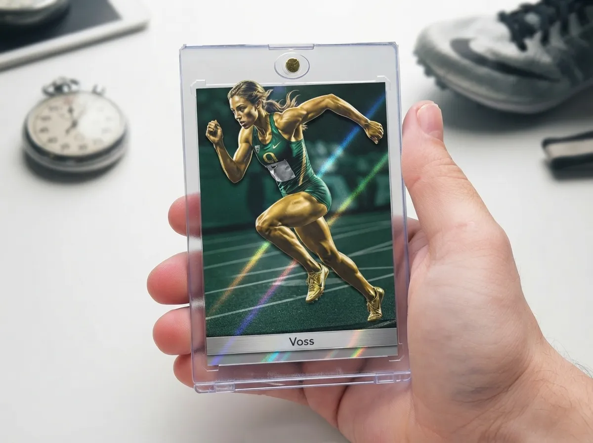Custom sports trading card in magnetic case showing chrome refractor sprinter design