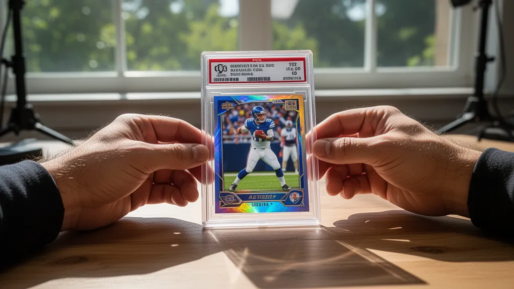 Collector's hands holding and inspecting a professional graded sports card slab under bright lighting