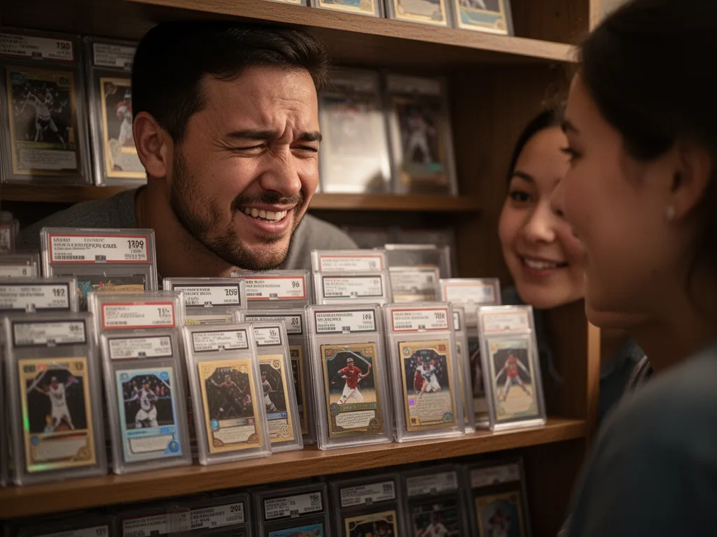 Collection of graded card slabs displayed on shelf with collector showing proud emotional connection to memorabilia