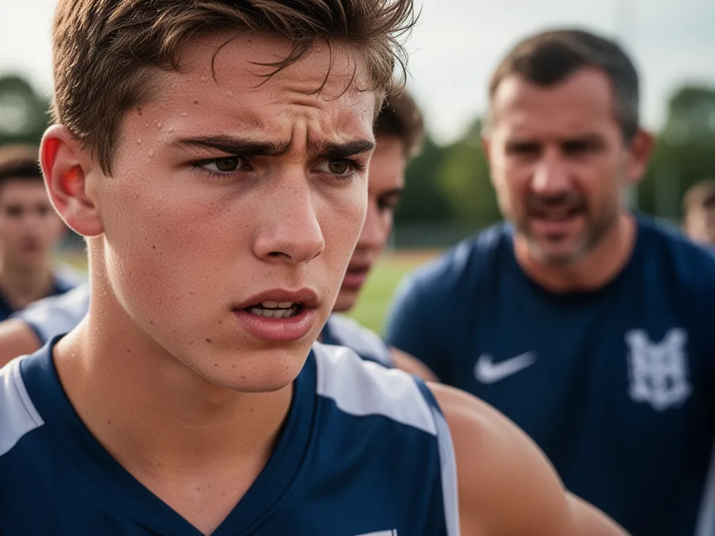 Young athlete's focused expression during competition with coach supporting in blurred background outdoors.