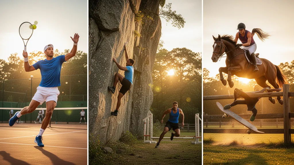 Multiple athletes in different sports captured mid-action with natural outdoor lighting and dynamic energy