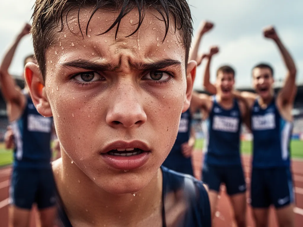 Close-up of determined athlete's face showing intensity during competition with celebrating teammates blurred behind