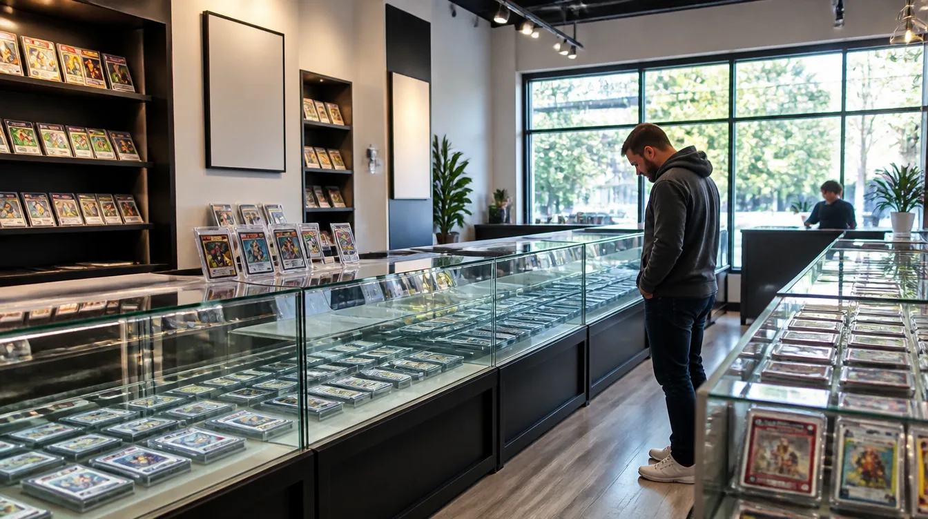Interior of one of the card trading shops near me with glass display cases