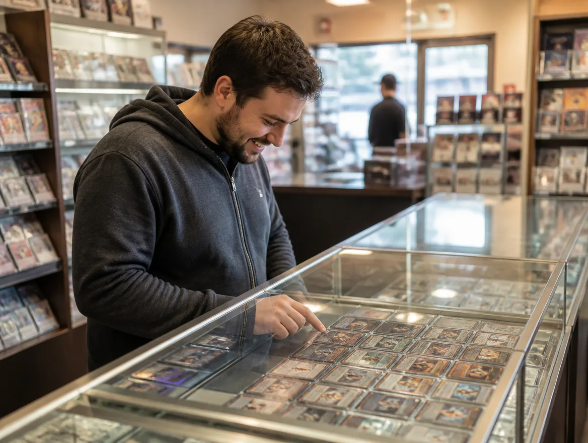 Customer browsing cards at a trading card shop counter