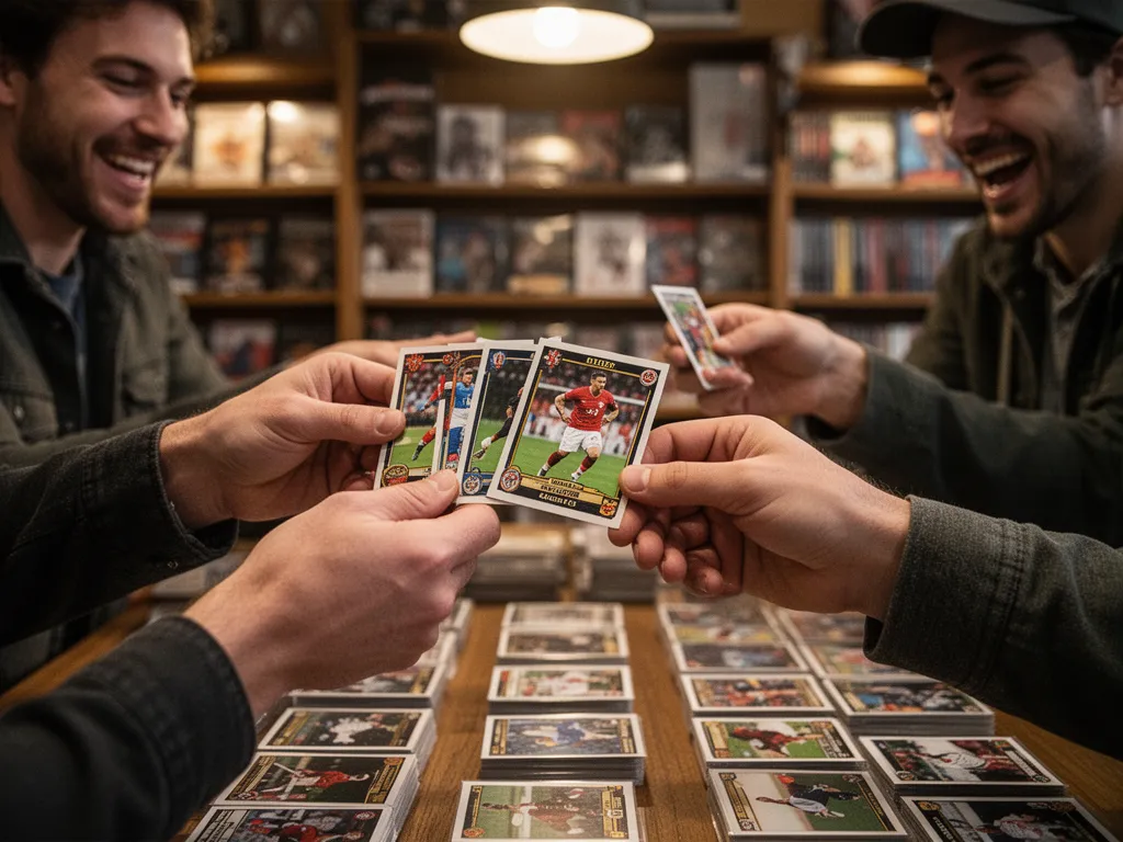 [Two collectors' hands exchanging sports cards with genuine excitement and connection indoors]