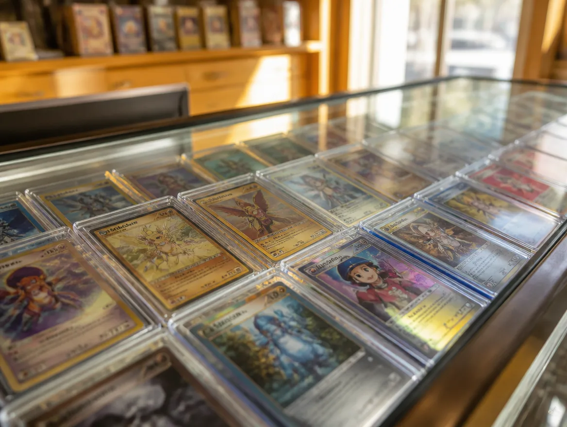 Glass display case full of collectible trading cards at a card shop