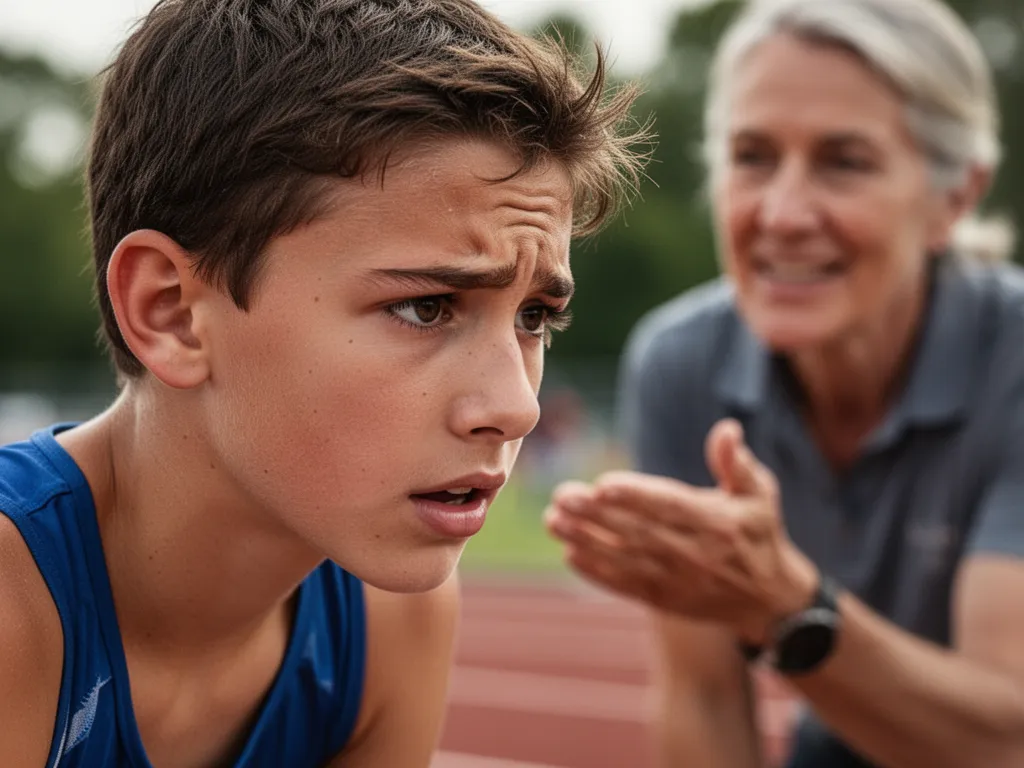 Young athlete's determined face during competition with supportive adult visible in background