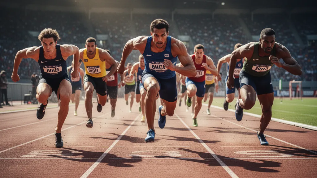 Multiple sprinters racing at full speed on outdoor athletic track in bright daylight