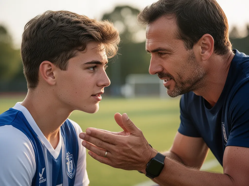 Young athlete listening intently to coach's guidance during outdoor training session