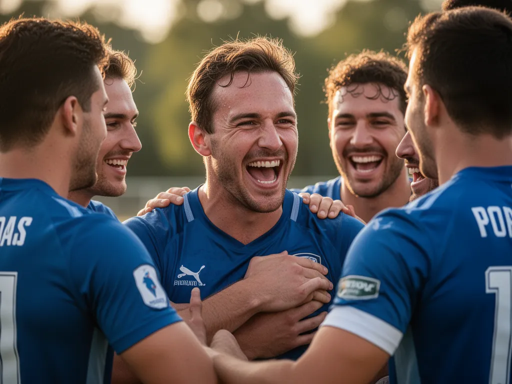Team members celebrating together in genuine moment of athletic achievement