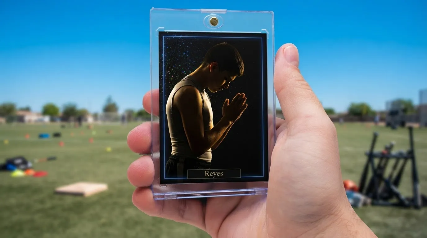 Hand holding magnetic case with dramatic dark catholic prayer cards design of kneeling young athlete.