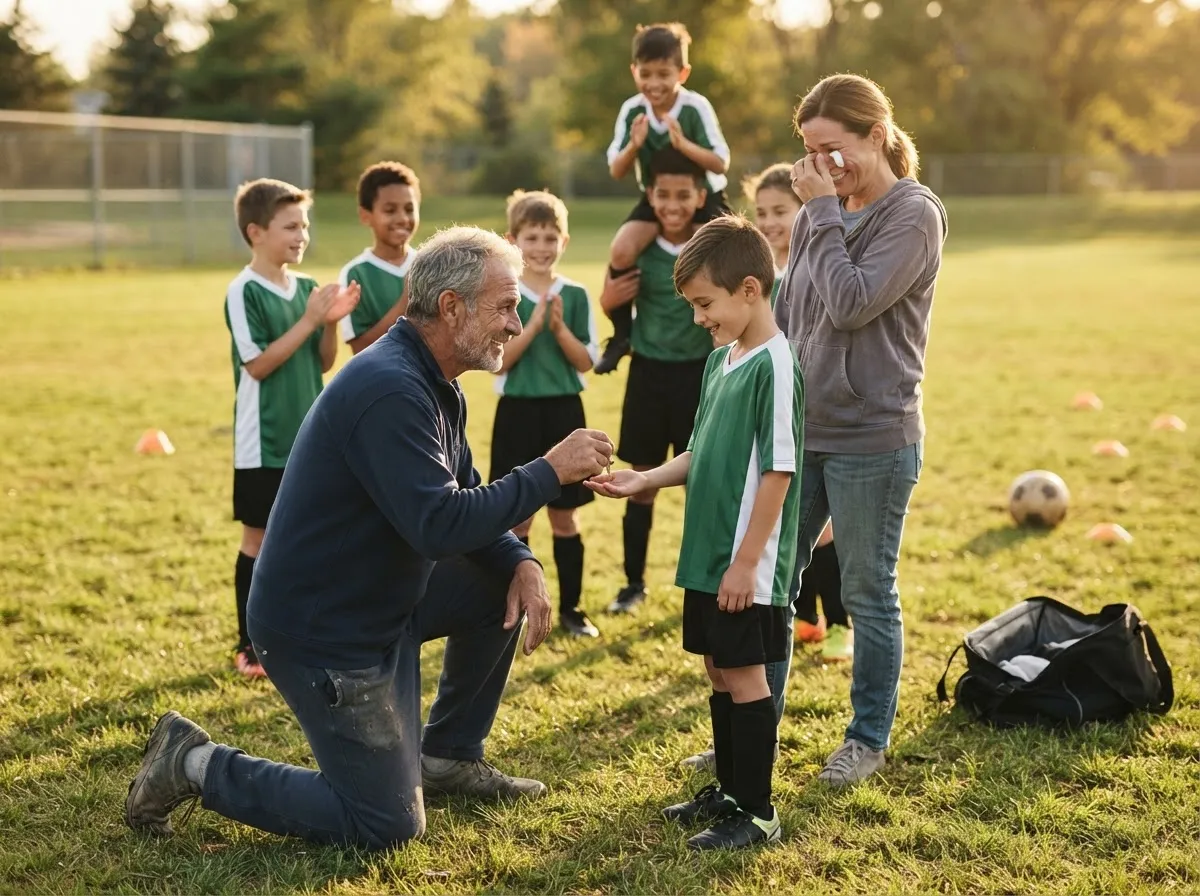 Coach and young athlete share proud emotional moment on sunny sports field with team.