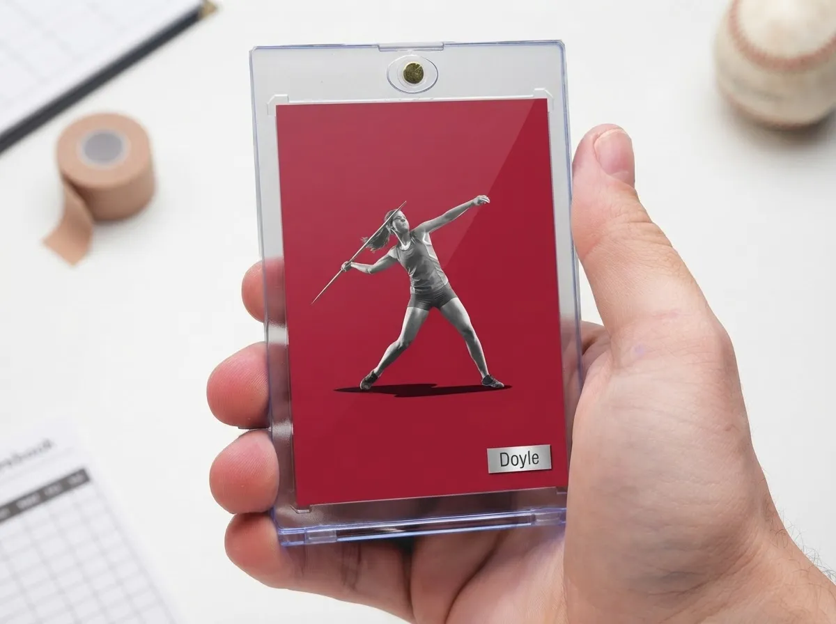 Custom sports trading card in magnetic case, crimson editorial design of throwing athlete.