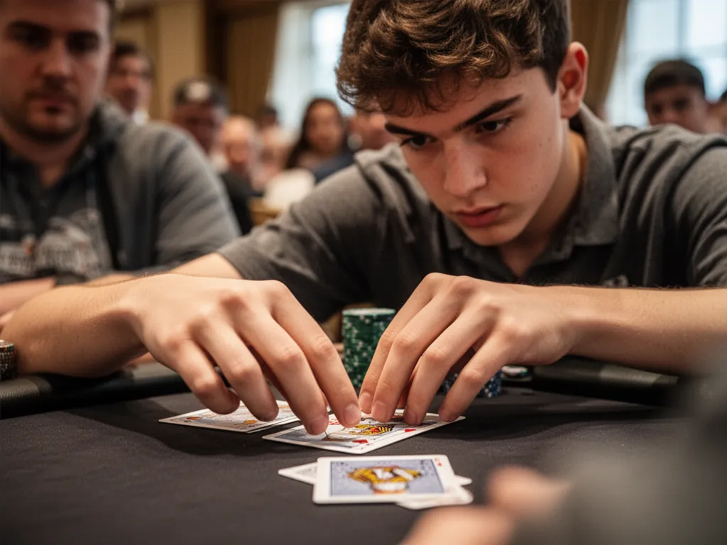 [Young card player's hands placing card with intense concentration during competitive match]