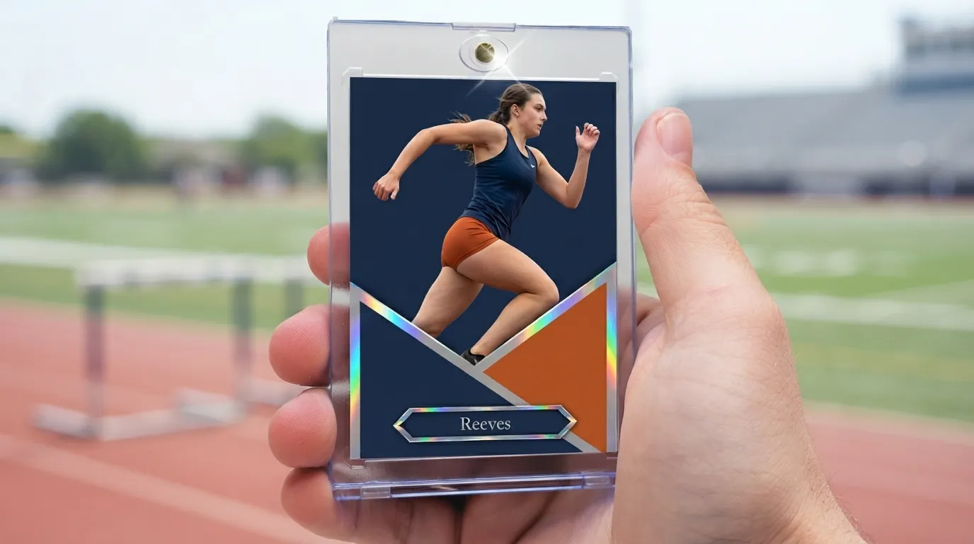 Hand holds magnetic case with celebration of life ideas sports card featuring a runner mid-stride.