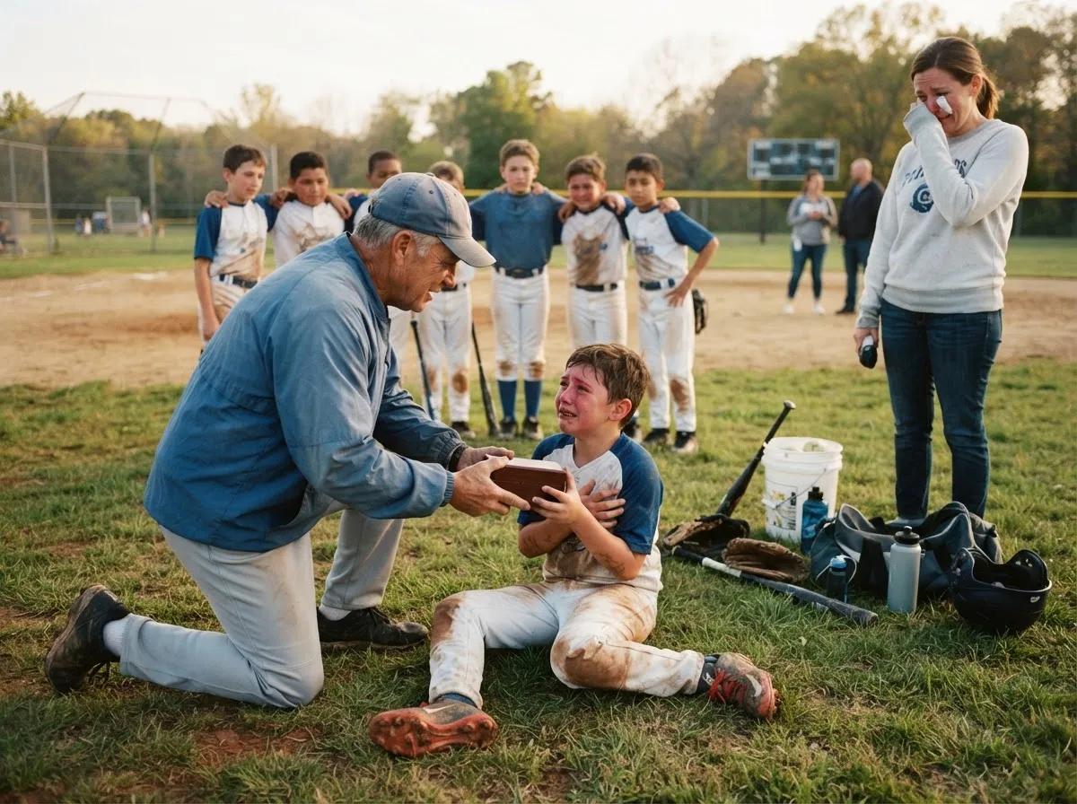 Coach comforts young athlete with teammates and proud parent gathered on sunlit field.