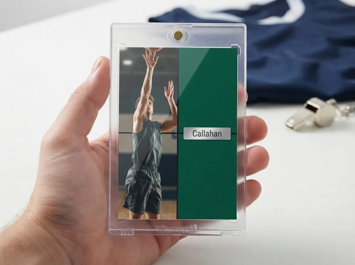 Custom sports trading card in magnetic case showing basketball player and emerald foil nameplate panel.