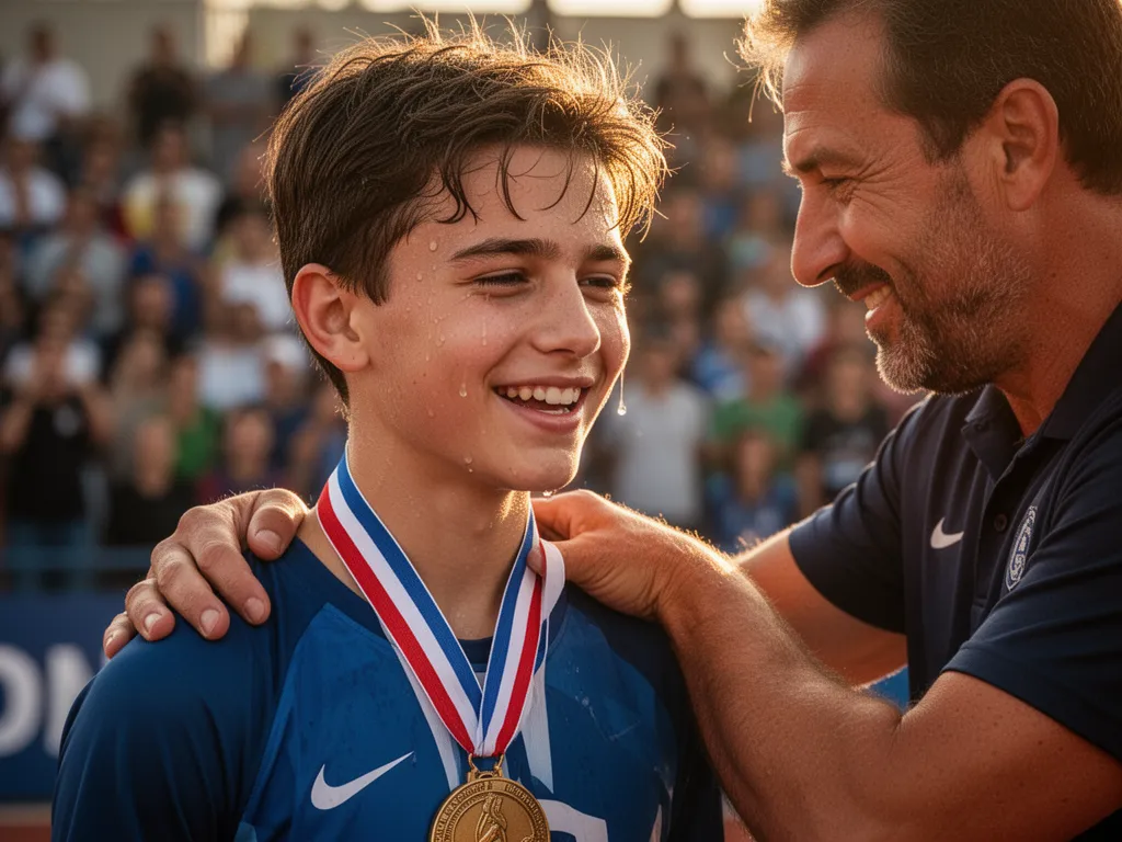Young athlete receiving medal with coach showing pride and encouragement in close moment