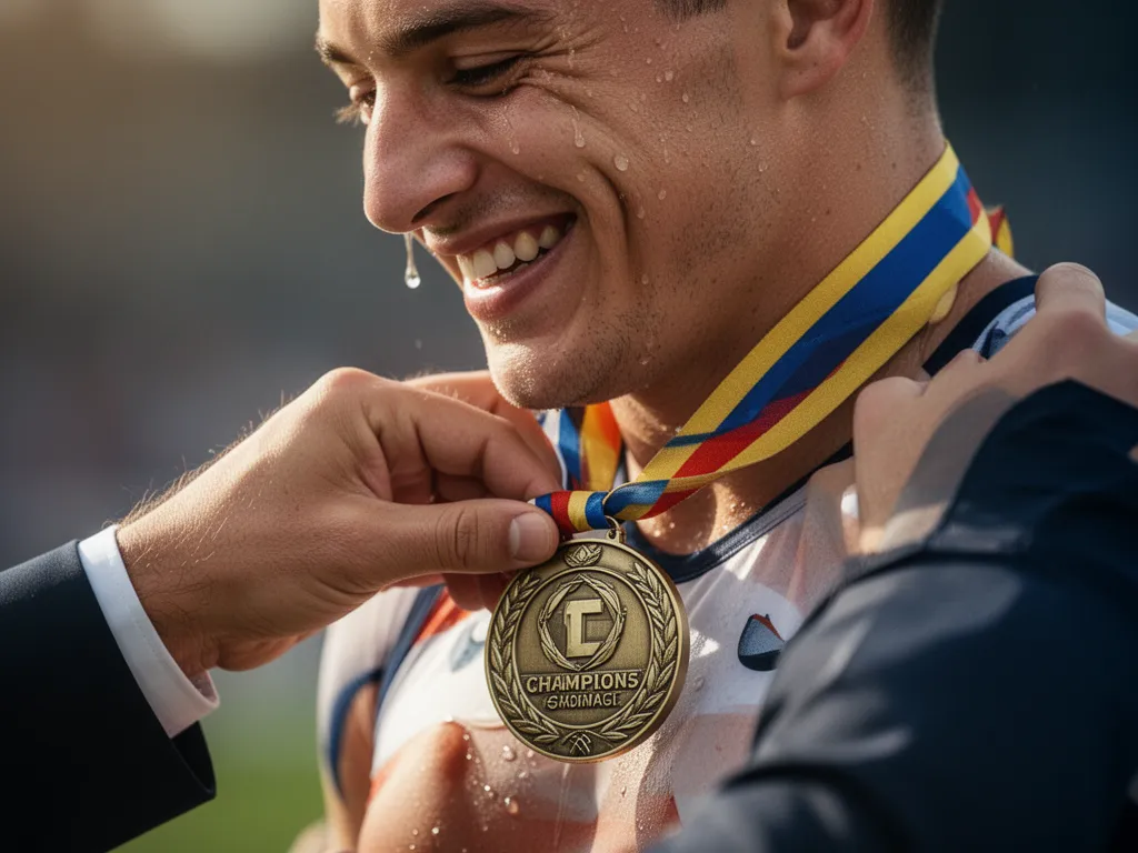 Coach presenting championship medal to emotional athlete in intimate moment of achievement