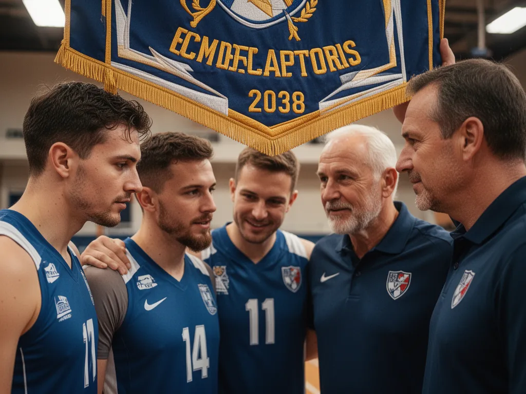 Athletes and coaches closely examining details of newly displayed championship banner in celebration