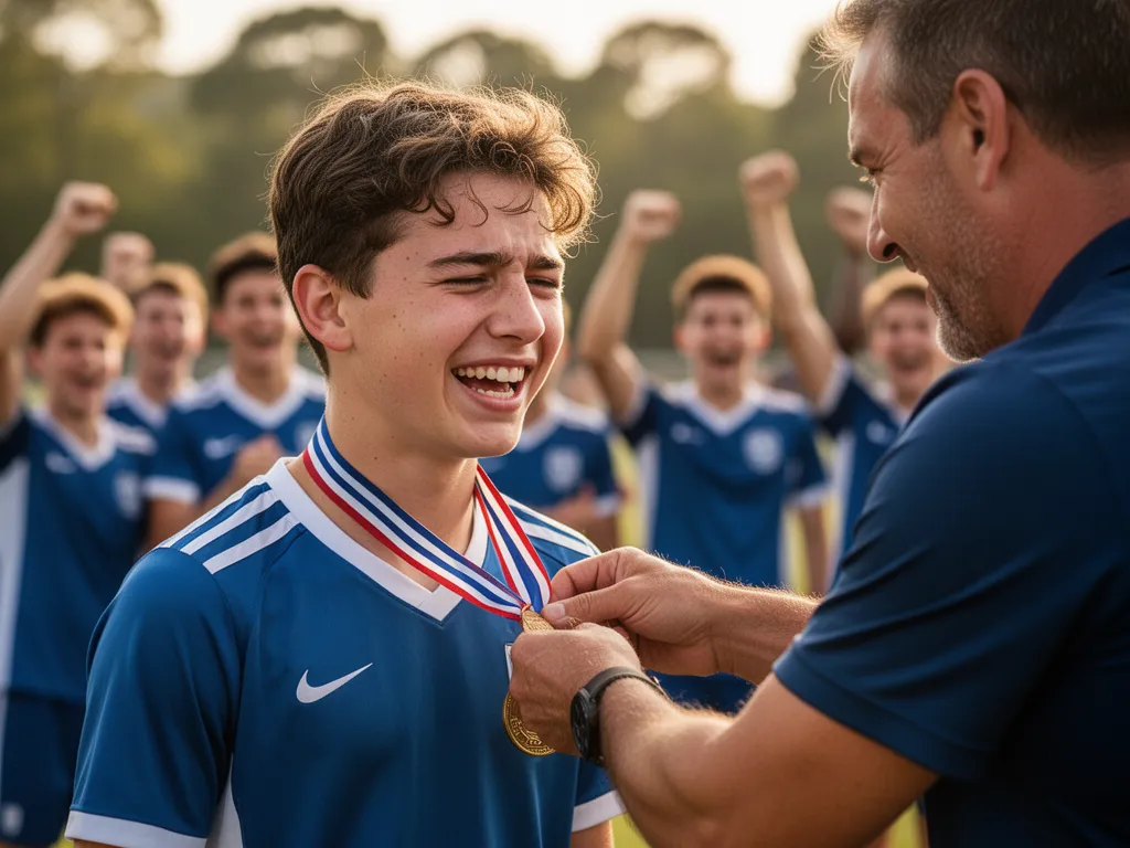 Young athlete's emotional reaction while receiving an award medal from coach outdoors