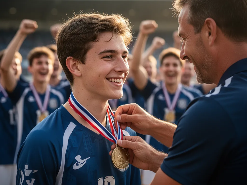 Young athlete receiving medal from coach with genuine joy and celebration in background