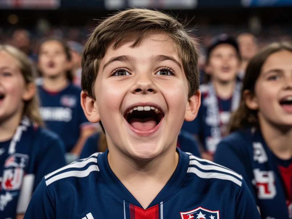 Young fan's joyful expression during a sports moment with crowd visible behind them in stadium