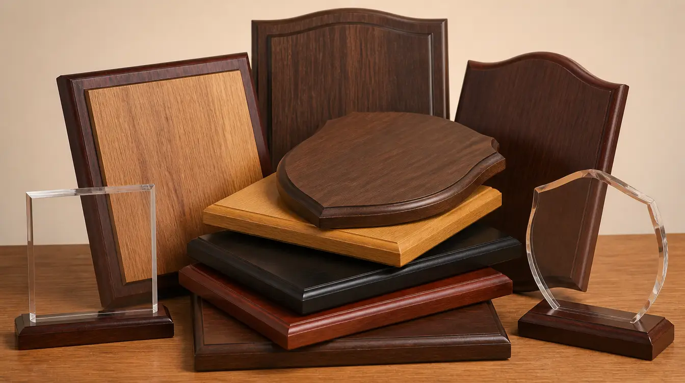 A stack of blank wooden and acrylic sports plaques on a table