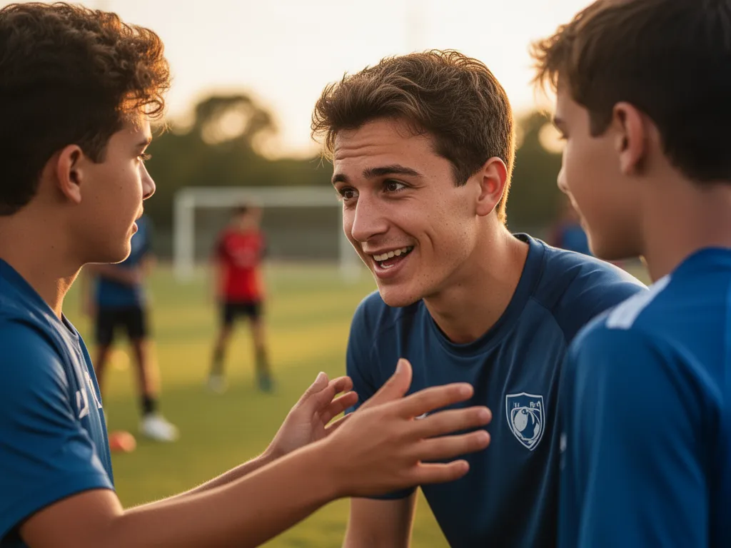 [Coach providing guidance and encouragement to young athlete during outdoor sports training]
