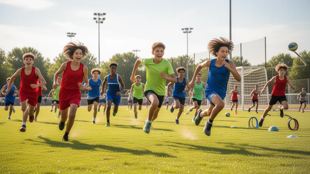 Young athletes competing outdoors in bright sunlight, showing dynamic movement and athletic energy