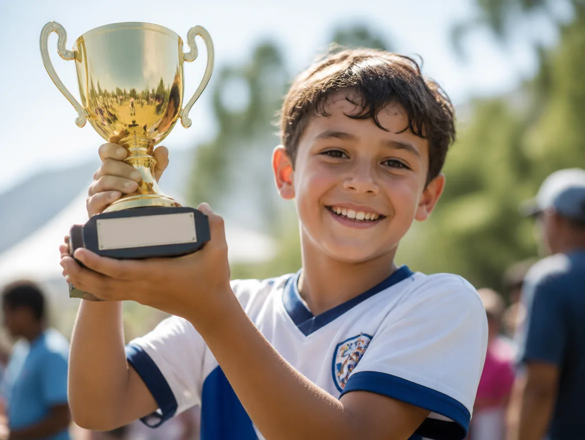 Proud young athlete holding up a shiny gold trophy