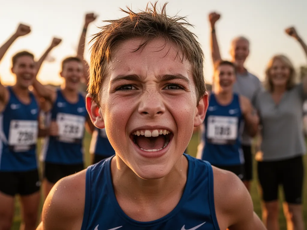 Young athlete's excited expression of accomplishment with celebrating supporters visible behind them
