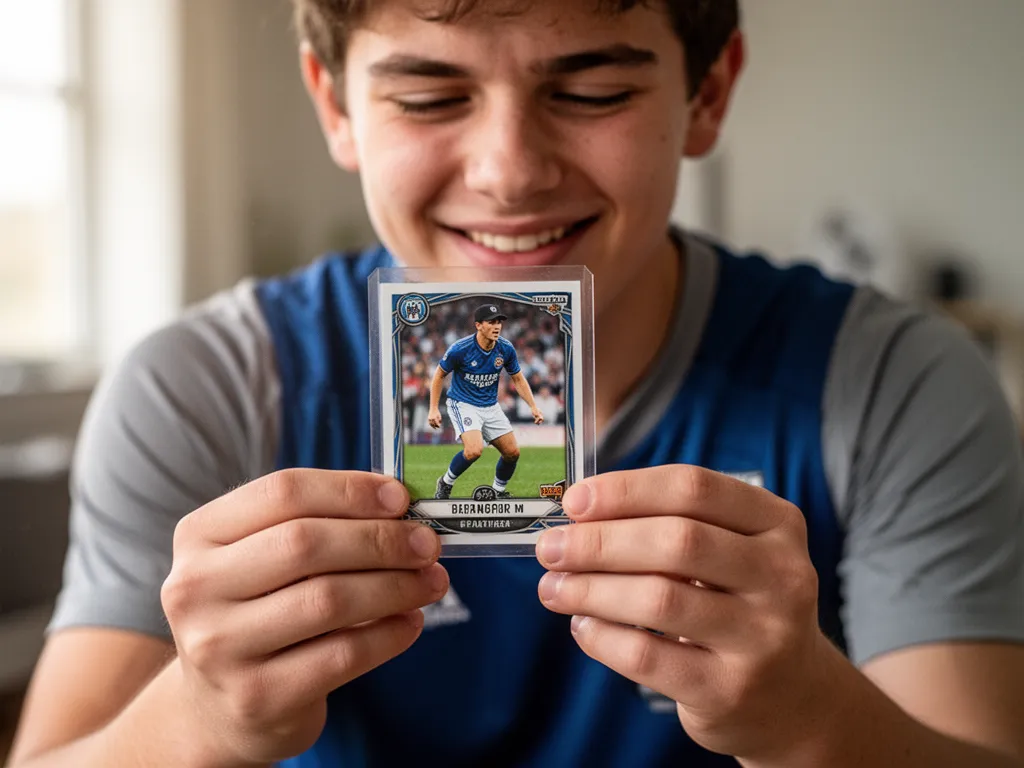 [Young athlete's hands carefully holding a prized sports card with joyful emotion]