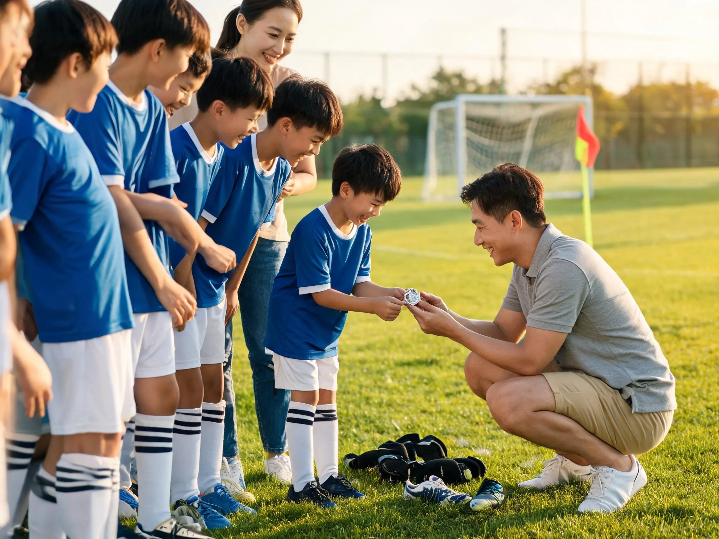 Coach and young athlete share proud smiling moment on sunny soccer field