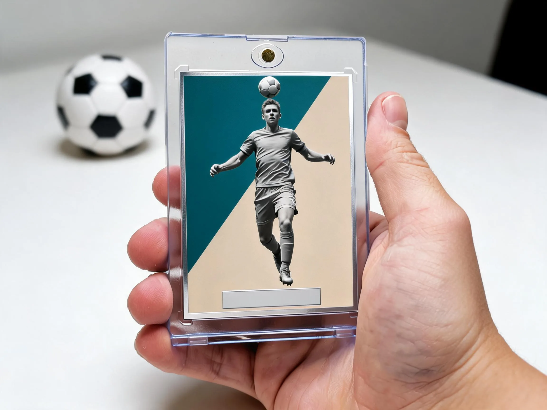 Custom soccer trading card in clear magnetic case standing on white tabletop