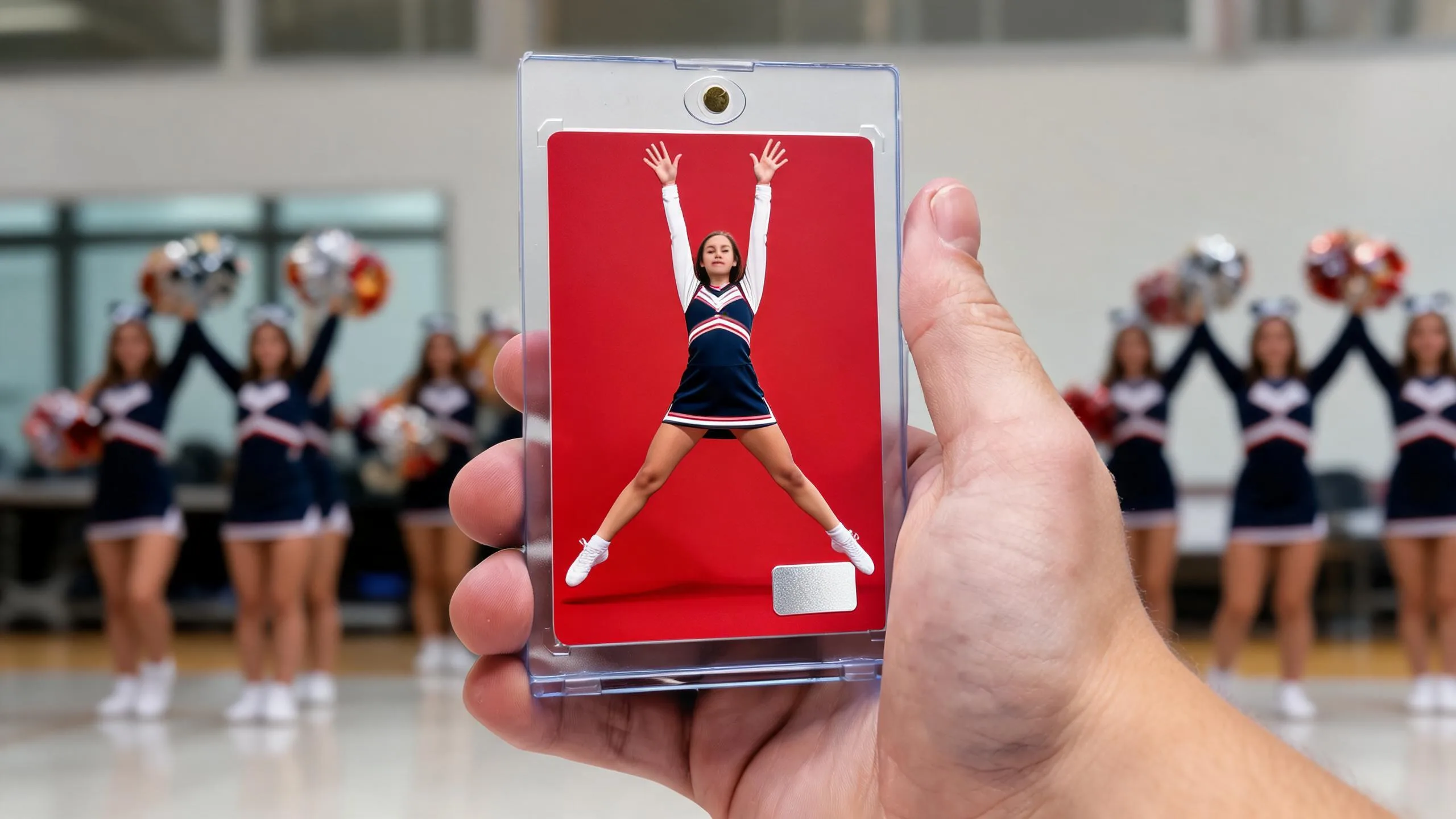 Hand holding magnetic case with cheerleader card, showcasing premium cheer team gifts design