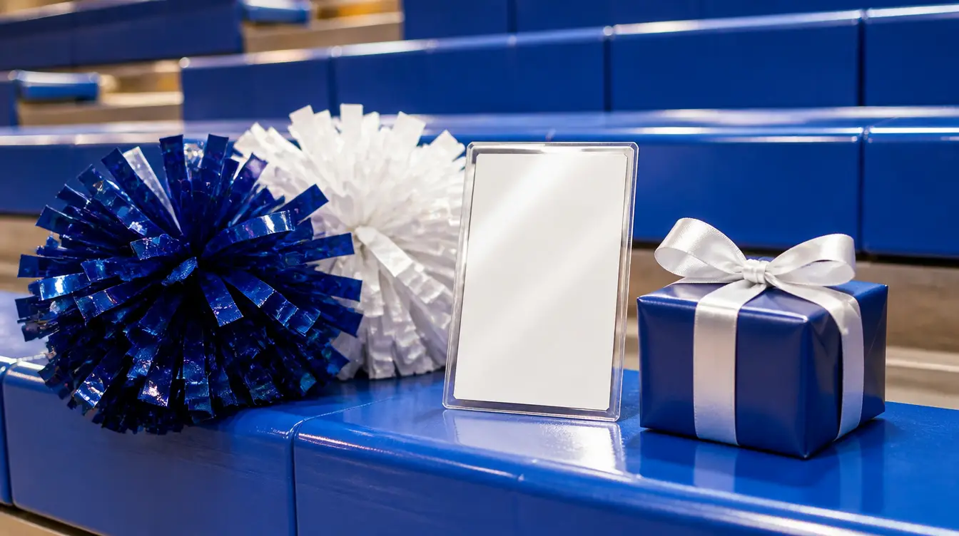 Pom-poms and a wrapped gift box beside a blank trading card on gym bleachers