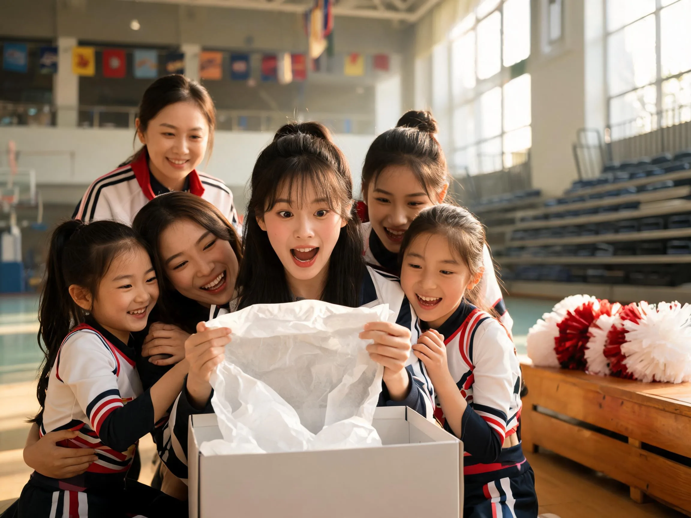 Cheer teammates celebrating together as one opens a surprise gift joyfully