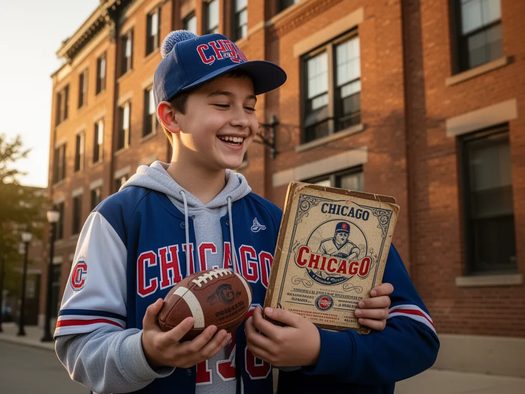 Young Chicago sports enthusiast displaying heartfelt pride while holding cherished vintage sports memento near historic brick architecture.