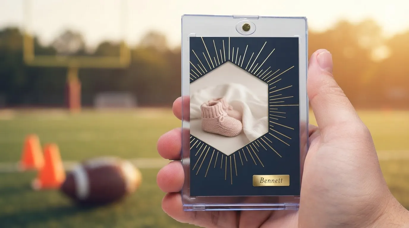 Hand holding magnetic case with gold foil child birth announcement trading card, sunlit field background.